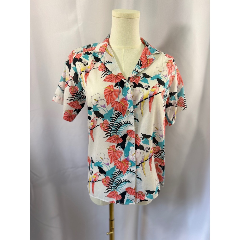 Vintage Gap Tropical Parrot Hibiscus Hawaiian Button Up Shirt White Size S
